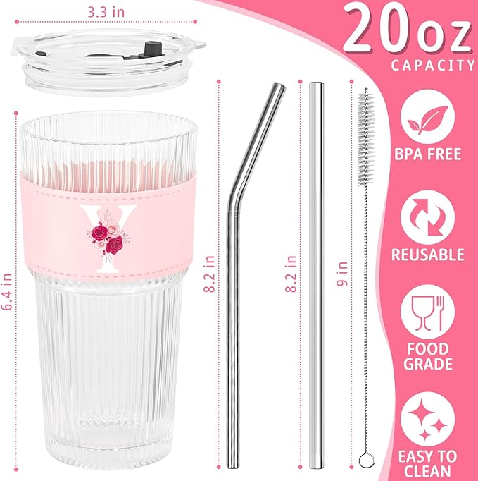 Personalized Gifts for Women,20oz Ribbed Glass Tumbler,Monogrammed Gifts for Women,Birthday Gift,Ice Coffee Mug,Christmas Gift for Mom Sister-Y
