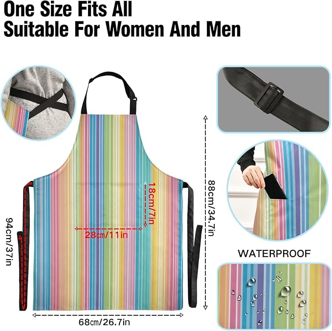 Rainbow Striped Apron, Aprons for Women with Pockets - Adjustable Aprons for Men Cooking Gardening Baking