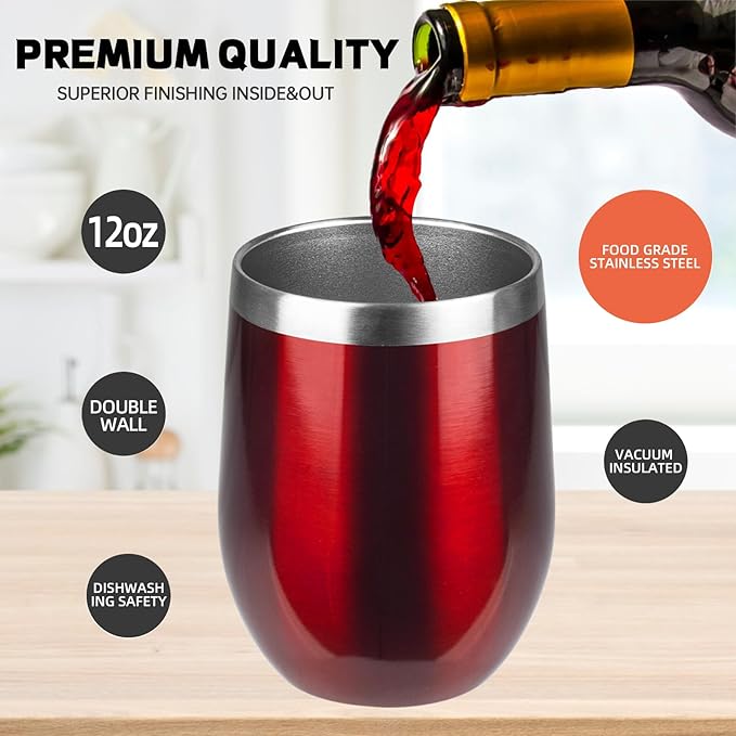 StarSpeed 12oz/8 Pack Wine Tumbler with lid, Stainless Steel Travel Mugs Stemless Double Wall Insulated Coffee Cup, Insulated Wine Glasses Travel Tumbler for Cold & Hot Drinks(Transparent Red, 8)