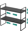 Expandable Cabinet Shelf Organizer Rack, Stackable Kitchen Counter Storage Shelves Stand, Adjustable Height Pantry Shelf Spice Rack, Heavy Duty Nonslip Black Small 2Pack