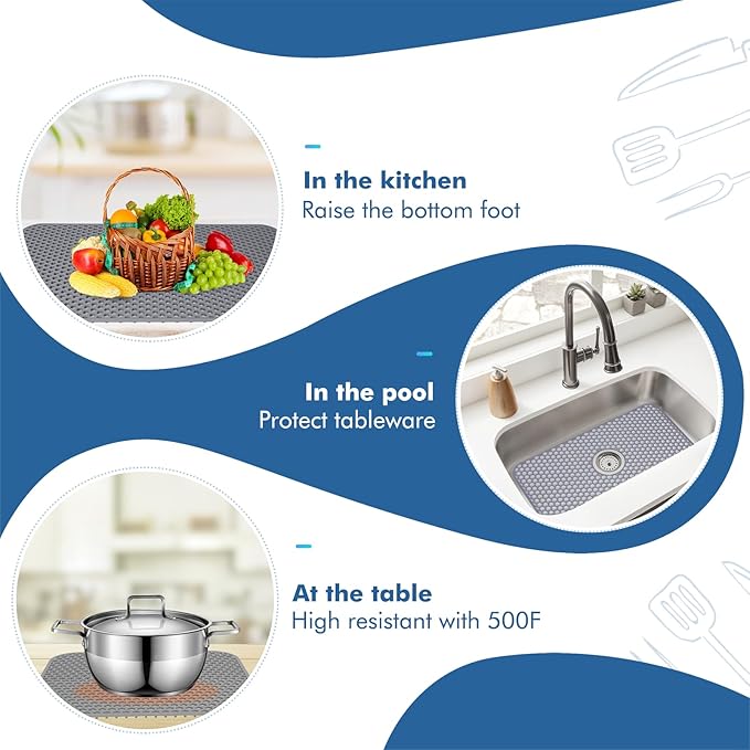 Silicone Sink Mat - Protectors for Kitchen Sink with Center Drain, 26"x 14" Kitchen Grid Accessory, Non-Slip Heat-Resistant Mat for Bottom of Farmhouse Porcelain Stainless Steel (Center Hole)