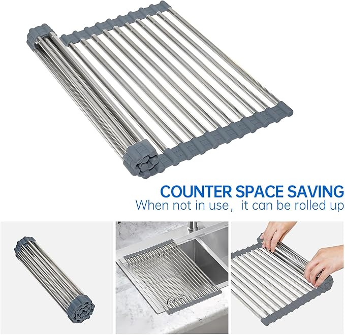 CHIRISEN Expandable Large Roll Up Dish Drying Rack, 18 Tubes 21.25x12.79'' Collapsible Over The Sink Rack, Non-Slip Silicone Rolling Dish Drainer Stainless Steel Rack for Kitchen Sink Counter (Gray)