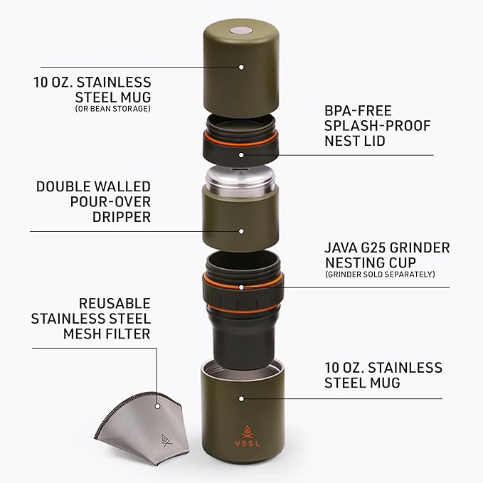 VSSL - Nest Pour Over Coffee Kit | Coffee Maker for Camping | All-In-One Travel Pour Over | Transportable Dripper, Two 10oz Stainless Steel Travel Mugs | Compact Storage & Adventure Ready | Deep Moss