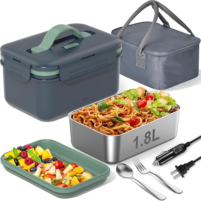 Electric Heated Lunch Box for Car Truck Home 1.8L 100W Portable Food Warmer with 12V/24V/110V/220V Hot Meal for Work Travel Jobsite Camping Christmas Gifts White Elephant Gifts for Adults/Men/Woman