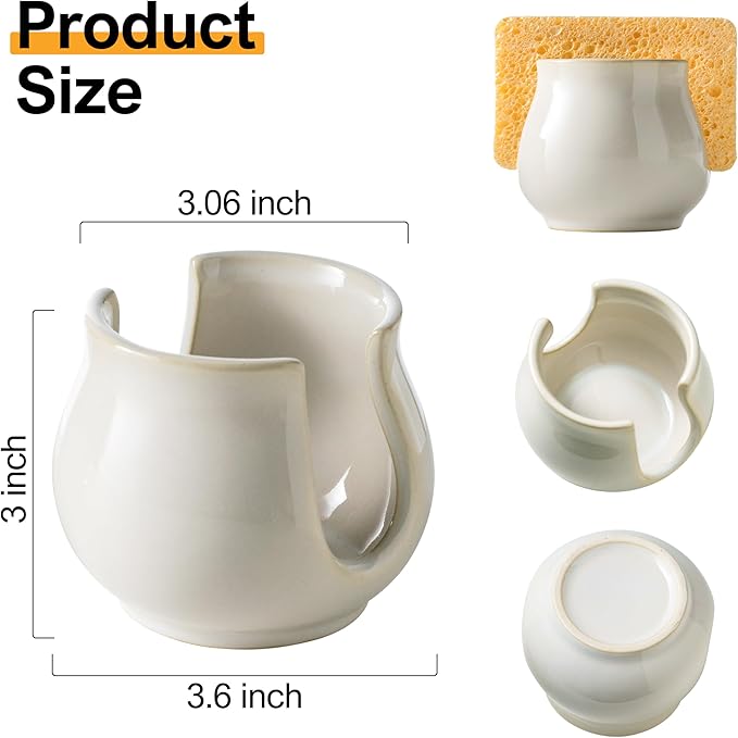 Sponge Holder for Kitchen Sink Counter, Ceramic Dish Sponge Caddy White Sink Organizer Dish Rack Farmhouse Brush Holder for Bathroom, Kitchen, White