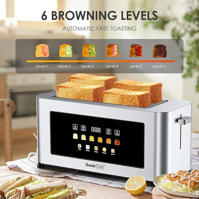Geek Chef Toaster 4 Slice, 1.5" Touch Screen Extra Wide Slots for Bagels & Waffles, 6 Browning Levels, Timer, Reheat, Defrost, Cancel Function, Auto Shut-Off, Removable Crumb Tray, Stainless Steel