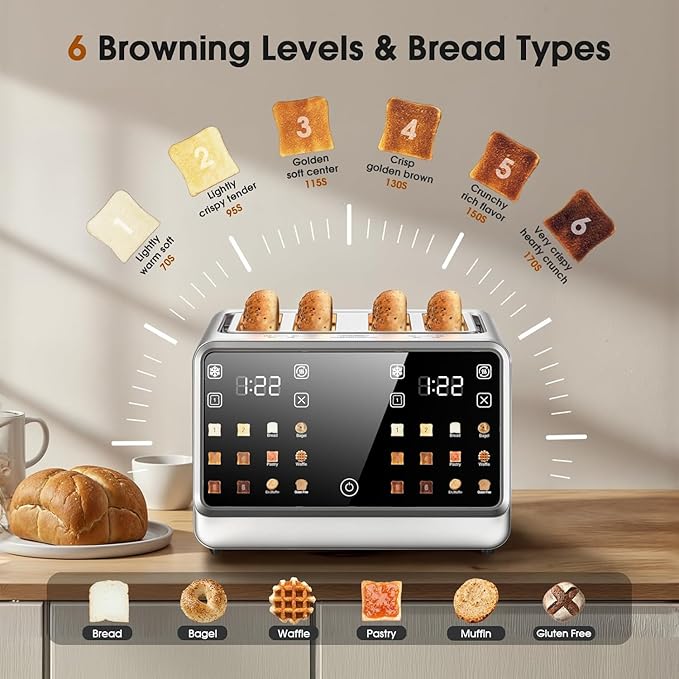 4 Slice Touch Screen Toaster with LCD Display Stainless Steel Digital Toasters 6 Bread Types& 6 Shade Settings Smart Extra Wide Slots Toaster With Bagel Cancel Defrost Reheat Functions