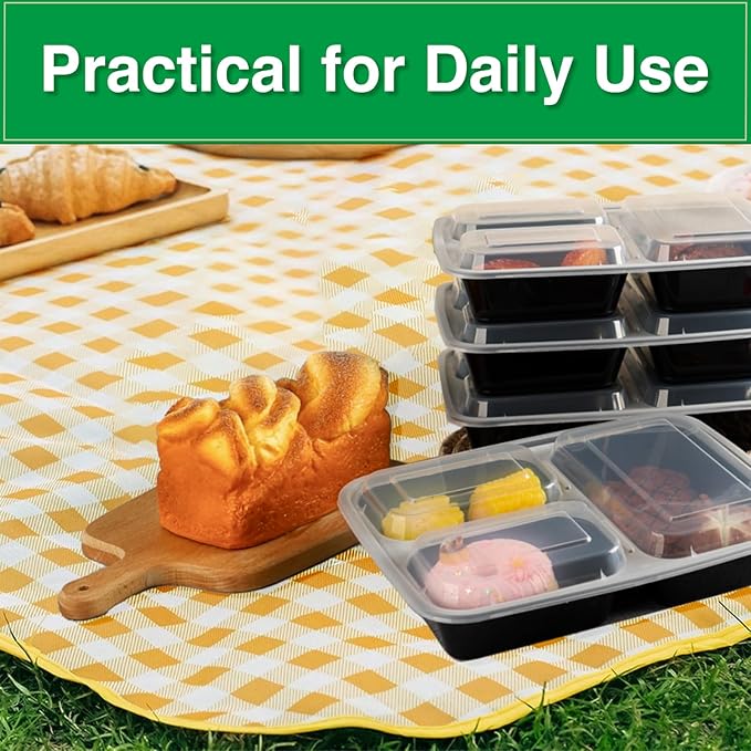 Meal Prep Containers 3 Compartment 20 Pack, 32 oz Divided Reusable Food Storage Containers with Lids Takeout Food Storage Black with 20 Forks, Microwave Dishwasher Freezer Safe, BPA Free