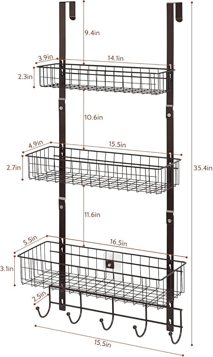 Over the Door Basket Organizer 3 Tier Hanging Basket Door Shelf Rack Heavy Duty Over Door Pantry Organizer with 3 Metal Baskets for Kitchen Bathroom Bedroom Living Room, Dark Brown