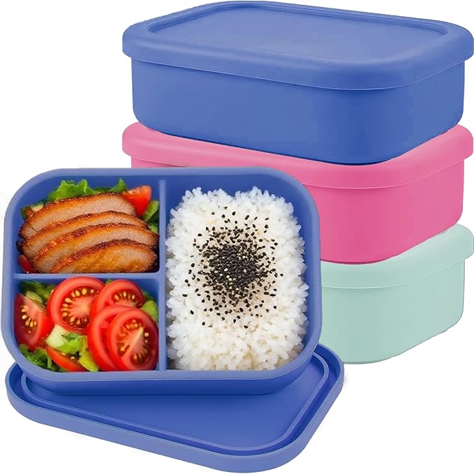 Silicone Adult Bento Box, 3 Compartment Leakproof Silicone Lunch Container, Lunch Box for Men and Women, BPA-Free, Microwave/Dishwasher/Freezer Safe, Reusable Snack Containers (3PCS-Mixed Color)