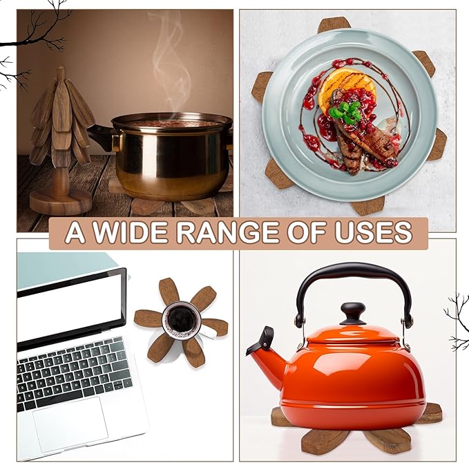 Wooden Christmas Tree Coaster Trivets Wood Trivets Set for Hot Dishes Set of 4 Christmas Tree Shape Foldable Wooden Coaster and 1 Stand Natural Trivet for Cups Plates Bowls Pots(Black Walnut Color)