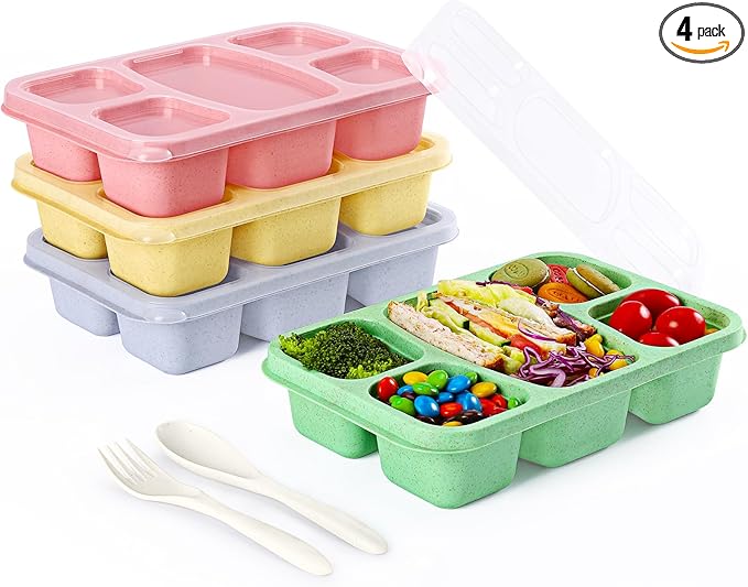 Bento Boxes Adult Lunch Containers 4 Pack, 5 Compartment Reusable Lunchable Containers for Kids, Stackable Snack Box With XXL Space for Sandwiches,Meal Prep for School