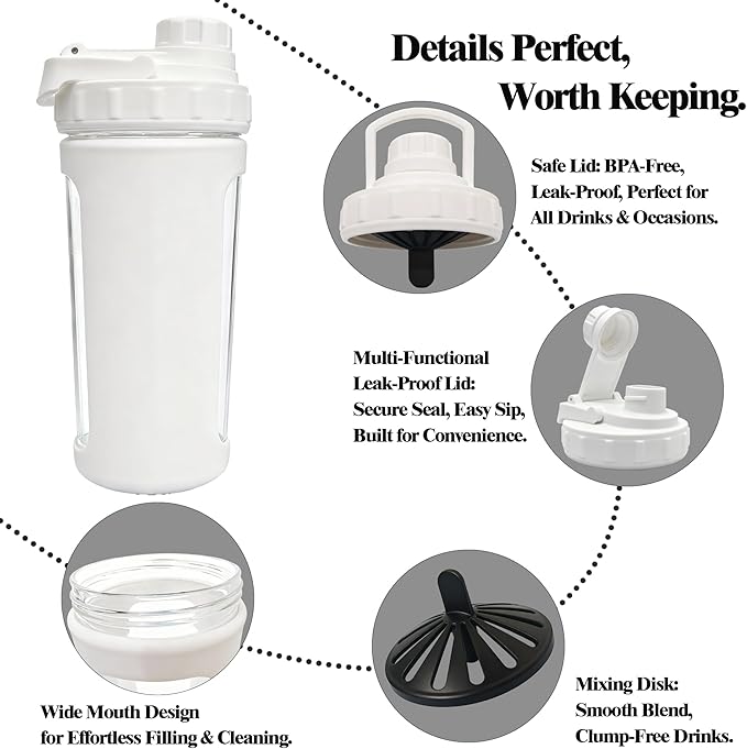 BYLWORKOUT Glass Shaker Bottle Holds upto 28oz | No Blending Ball or Whisk | Removable Plastic Mixer Included | Portable Drink Water Bottle Glass with Silicone Sleeve (White)