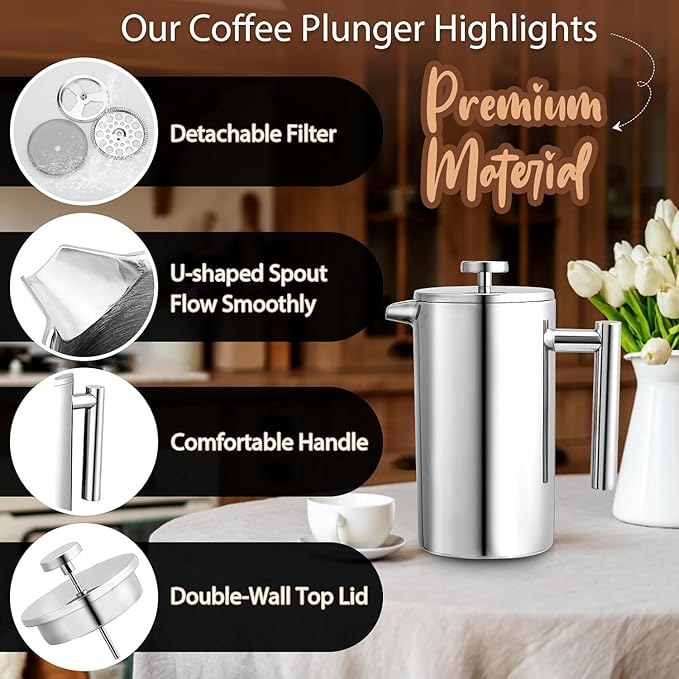 Miuly French Press 34oz, Double Insulated 304 Stainless Steel Coffee Press,Stainless Steel Coffee Maker (34oz, Sliver)