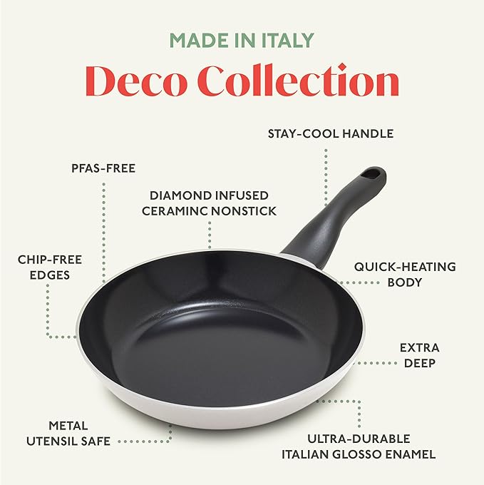 Deco 11” Nonstick Frying Pan Skillet, Made in Italy, Diamond Ceramic PFAS-Free, Dishwasher & Metal Utensil Safe, Durable Gloss Enamel Finish, Stay-Cool Handle, High Walls-Extra Room, Taupe