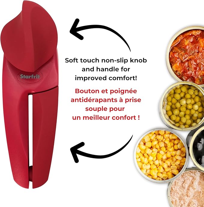 Starfrit MightiCan Can Opener - Safe - Holds Lid and Leaves No Sharp Edges on Lid - 3 Year Warranty - Comfort Grip - Heavy Duty Non-Slip Knob - Red