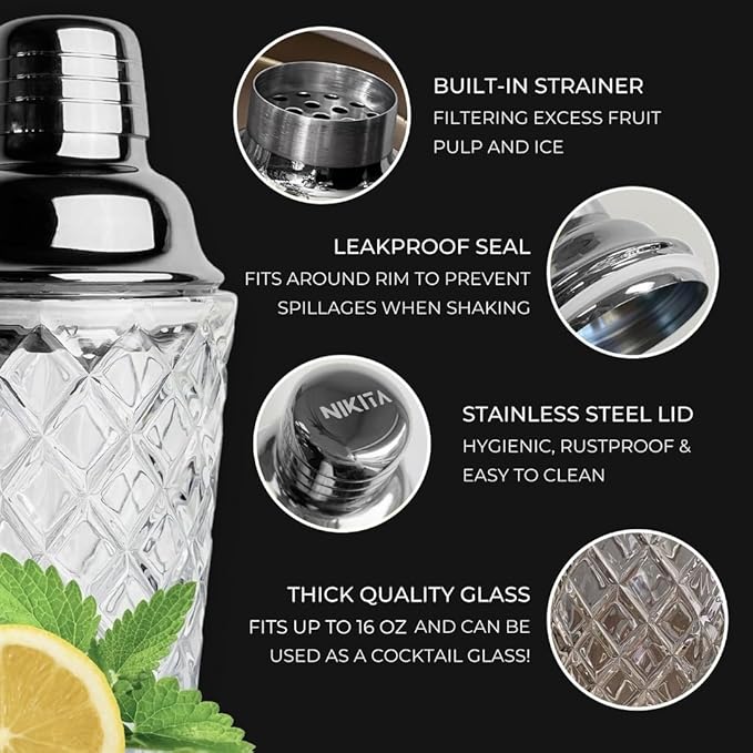 Glass Cocktail Shaker Set - 5 Piece - Silver Martini Shaker Set with Strainer, Jigger, Spoon & Muddler - 16 oz Drink Shakers Cocktail - Ideal Gift for Home Bar & Drink Trolley Décor