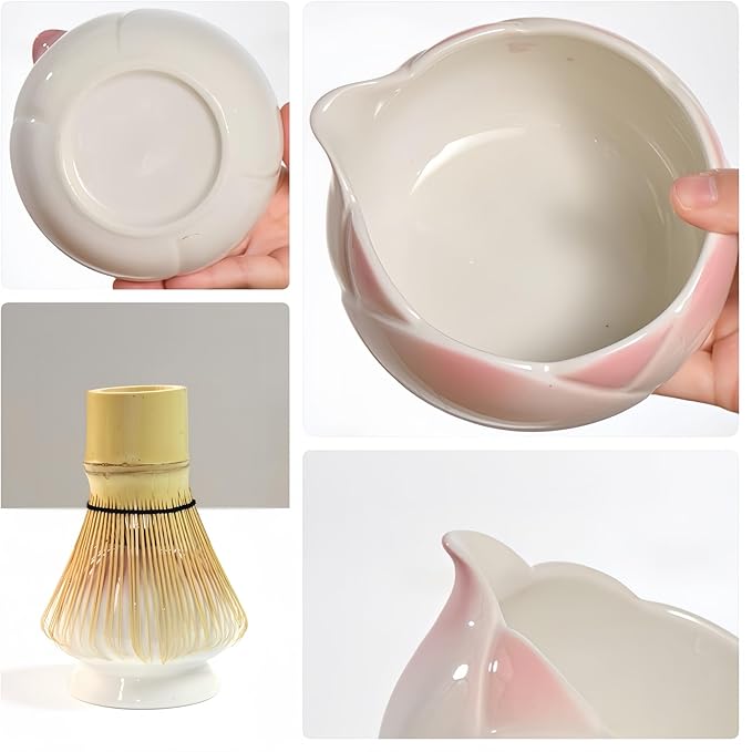8 traditional matcha bowls with spouts, ceramic matcha bowls (Chawan), matcha mixing bowls for stirring matcha, tulip style (White and pink)