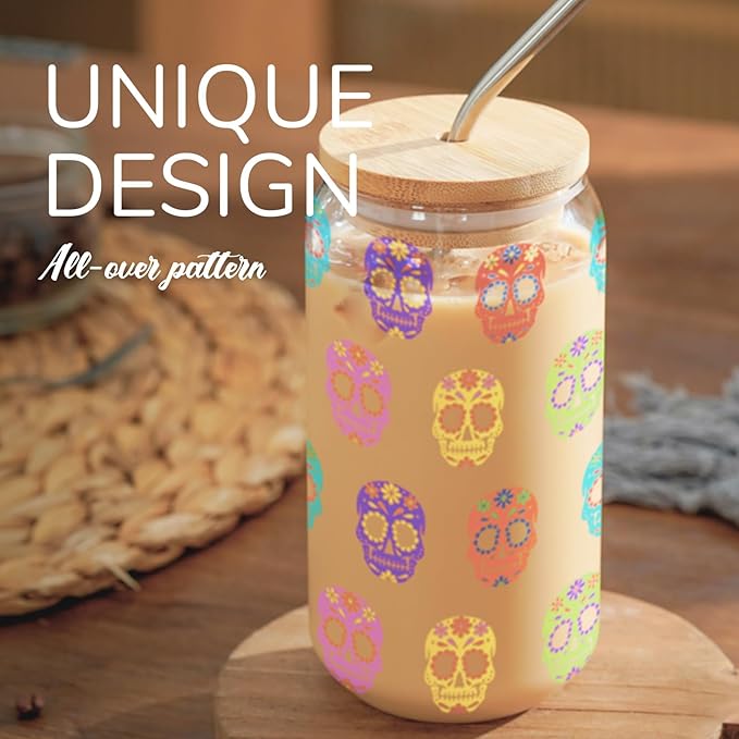 Onebttl Sugar Skull Gifts, Day of the Dead Gifts, Iced Color Changing 16oz Soda Can Glass with Bamboo Lid and Glass Straw, 16oz Skull Printed Beer Can Glasses