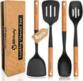Large Silicone Kitchen Utensils Set, 4 PCS Cooking Utensils Set with Wooden Handle, Heat Resistant Silicone Utensils Kit for Cooking, BPA Free and Nonstick Spatula Set with Turner Spoon Ladle(Black)