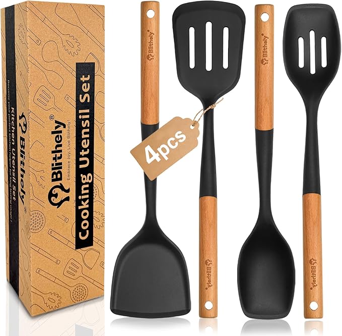 Large Silicone Kitchen Utensils Set, 4 PCS Cooking Utensils Set with Wooden Handle, Heat Resistant Silicone Utensils Kit for Cooking, BPA Free and Nonstick Spatula Set with Turner Spoon Ladle(Black)