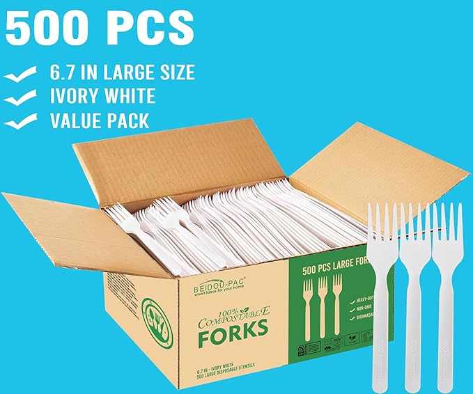 Compostable Forks 500 Count, 7 In Large Disposable Biodegradable Flatware, Eco Friendly Durable Heat Resistant Cutlery Eating Utensils Silverware Alternative to Plastic Forks, BPI Certified