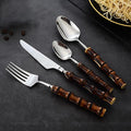 Wood Bamboo Silverware Set for 6 Cutlery Flatware Set Elegant Tableware Stainless Steel Cutlery Utensil Sets for Home Kitchen Restaurant Wooden Handle Dishwasher Safe 24 Pieces