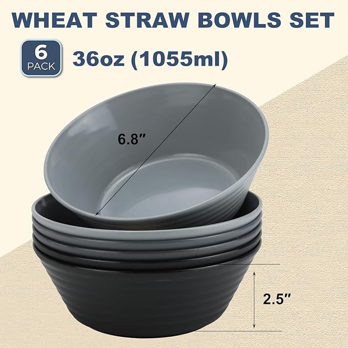 Wrova Wheat Straw Bowl Sets,6 PCS Unbreakable Cereal Bowl 36 OZ,Microwave and Dishwasher Safe Bowls,Salad Bowls for Camping,Rv,Apartment,Dorm,Party (Black Grey)