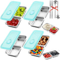 KITHELP 4 Pcs Grab and Go Snack Containers Reusable with Lids, Double Compartment Snack Containers with 2 Forks 2 Spoons, Stainless Steel Snack Container for Camping, Lunch, Dessert
