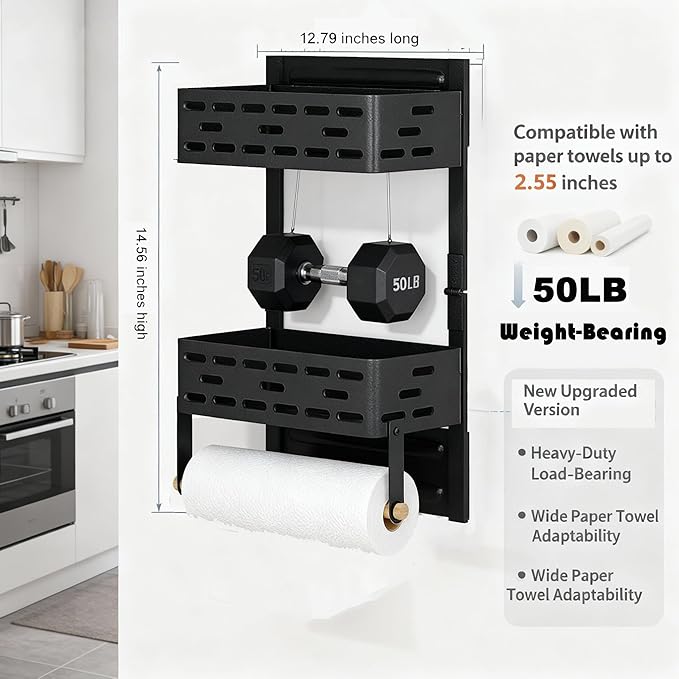 2-in-1 Magnetic Spice Rack & Paper Towel Holder for Fridge - 4 Hooks Kitchen Space Saver, Black Fridge Magnet Organizer