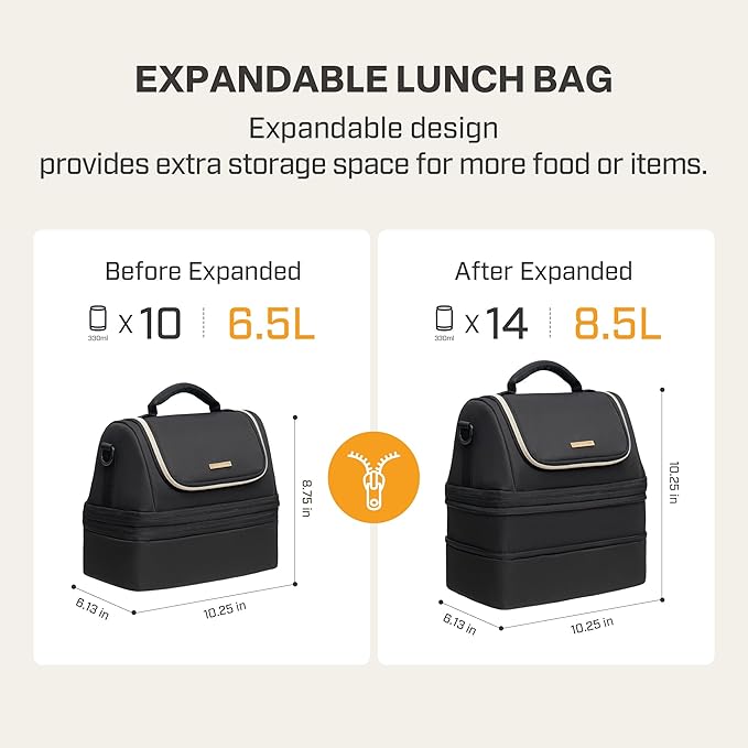 Everfun Expandable Lunch Box for Women with Container, Double Deck Lunch Bag Insulated Leakproof Large Cooler Bag with Adjustable Strap