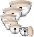 LIANYU 6 Piece Mixing Bowls with Lids Set, Size 7 & 3.5 & 2.5 & 2 & 1.5 & 1QT, Stainless Steel Cooking Serving Bowls, Metal Kitchen Nesting Bowl for Prepping & Food Storage, Dishwasher Safe, Khaki
