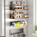 4 Pack Kitchen top of fridge Storage Organizer, Include Magnetic Spice Rack for Refrigerator, Paper Towel Holder, Kitchen Utensil Hanger and Hooks, seasoning rack Shelves