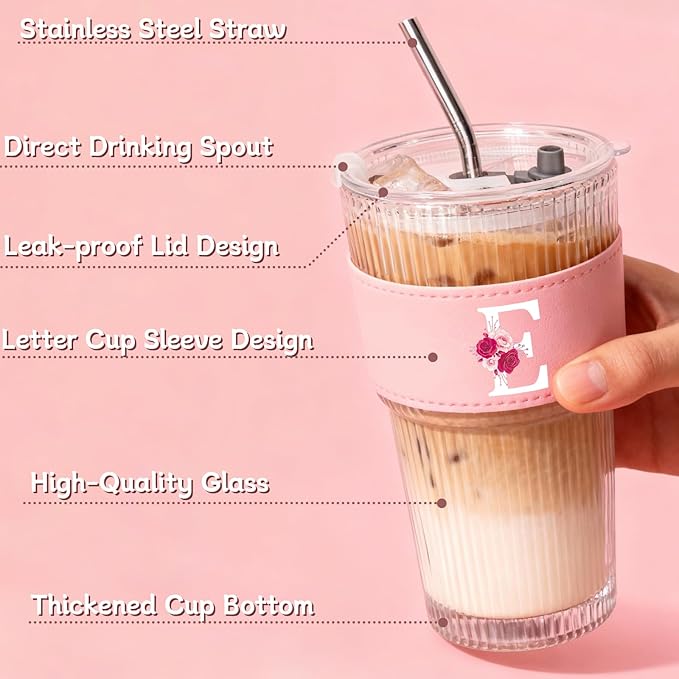Personalized Gifts for Women,20oz Ribbed Glass Tumbler,Monogrammed Gifts for Women,Birthday Gift,Ice Coffee Mug,Christmas Gift for Mom Sister-E