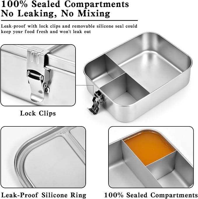 UPTRUST Stainless Steel Bento Lunch Box, 3-Compartment Large 1400ML Metal Bento Box for Kids or Adults, Container with Lockable Clips to Leak Proof