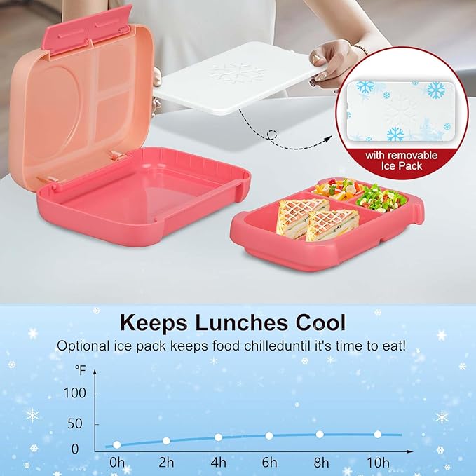 MAISON HUIS Chill Bento Lunch Box for Kids Adult with Ice Pack 3 Compartments Leakproof Lunch Containers Keep Food Cold for Girl Boy School
