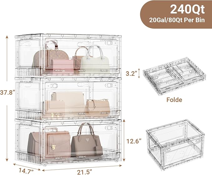 BROVIEW 240Qt Stackable Storage Bins with Lids Wheels, Crystal Clear Shiny Storage Cabinet Plastic Drawer Foldable Closet Organizers Display Box with Front & Back Doors, for Home Office Garage,3Pack