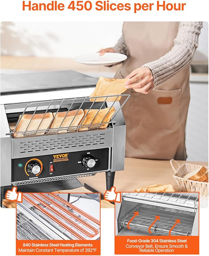 VEVOR 1770W Commercial Conveyor Toaster, 450 Slices per Hour, Heavy Duty Electric Toaster Oven, Food-Grade 304 Stainless Steel Conveyor Belt, Dual Knob Control, for Restaurant Bakery Bread Bagel Bun