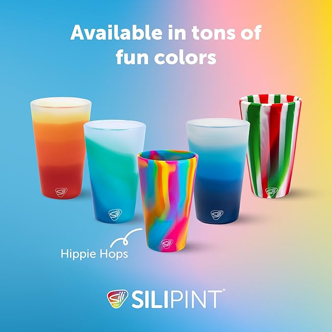 Silipint 16oz Silicone Pint Glass – Unbreakable BPA-Free Reusable Silicone Drinking Cup – Flexible Dishwasher Microwave & Freezer Safe – Stemless Glass for Water Coffee Smoothies (Hippie Hops)