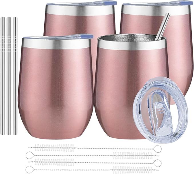 MEZMUT 12 Oz Insulated Wine Tumbler with Lid Double Wall Vacuum Stainless Steel Wine Glass Coffee Mug Insulated Tumbler Cup for Champaign, Cocktail, Beer (Rose Gold, 4 Pack)