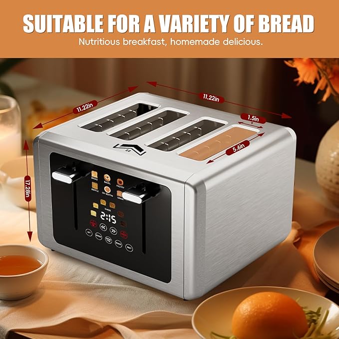 4 Slice Toaster, Touchscreen & Dual Independent Control Panel，5 Basic Functions & Digital Countdown Toasters, 6 Shade Settings＆6 Bread Types, Smart Bread Maker Mute/Screen-Off,Titanium