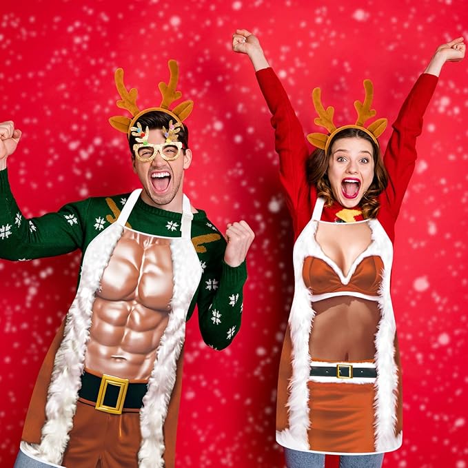 4 Pcs Christmas Aprons with Hats for Women Men Adjustable Kitchen Funny Cooking Aprons for BBQ Party