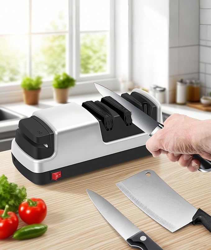 Professional Electric Knife Sharpener – Precision Sharpening for Kitchen Knives, Scissors & More – Diamond Abrasives & 3-Stage System - Silver