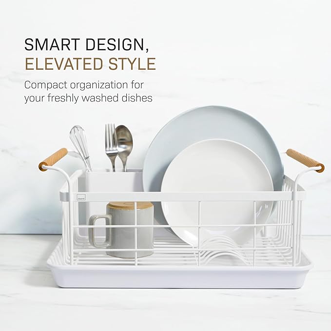 Yamazaki Home Dish Drying Rack – Modern White Dish Rack for Kitchen Counter with Removable Drainer Tray and Cutlery Holder, Steel + Wood Dish Drying Organizer, Small Space-Saving Design