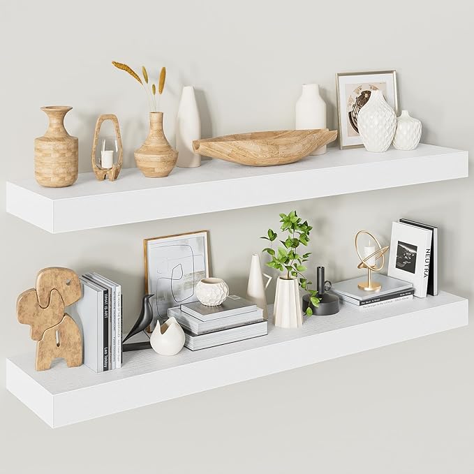 40 Inches Floating Shelves for Wall,9.3" Deep White Long Floating Shelves Set of 2,Large Display & Storage Shelf,Wall Shelf for Bathroom Bedroom Living Room Kitchen Office
