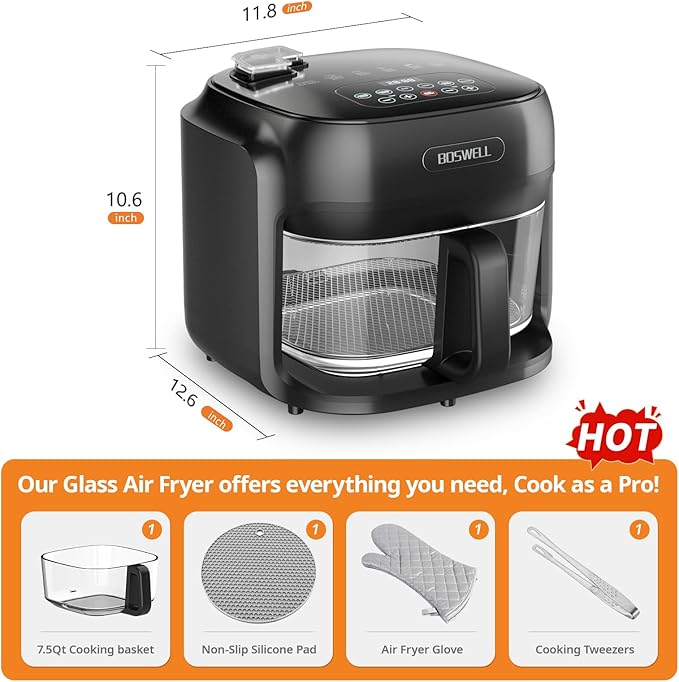 BOSWELL Glass Air Fryer, 7.5QT Borosilicate Bowl with Circulating Heat, Digital Touchscreen, 400°F Max Temp, Oil-Free Fryer with Mist Function, Dishwasher Safe (Black)