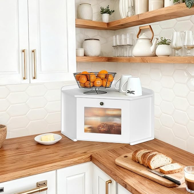Corner Bread Box for Kitchen Countertop, Wooden Bread Storage for Homemade Bread, Rustic Breadbox with Acrylic Wavy Door, Bread Container for Kitchen Counter Cabinet, Pantry, Cupboard