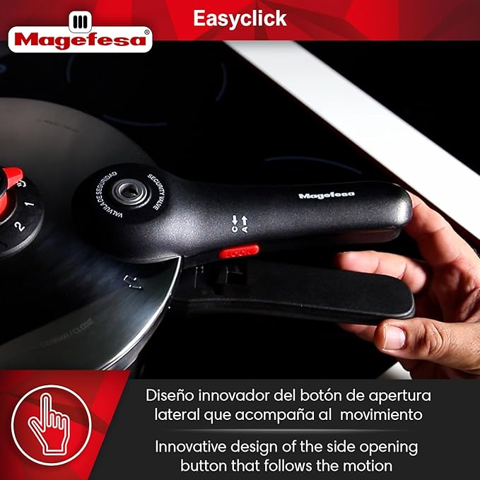 Magefesa EasyClick 8.5-Quart Stainless Steel Pressure Cooker – Easy One-Hand Opening, 2 Cooking Modes, Works on All Stovetops
