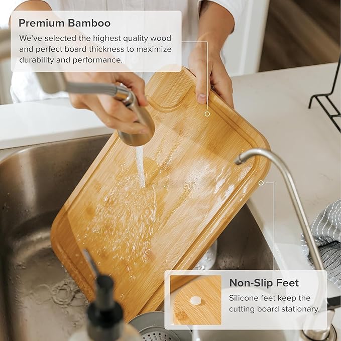 KitchenEdge Bamboo Wood Cutting Board Set of 3, Juice Groove and Non-Slip Rubber Feet, Thick Wood Trays for cheese, vegetables, meat, fruit, Heavy Duty Construction, Pre Oiled (9x6, 12x8, 15x10 inch)