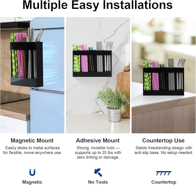 Upgraded Acrylic Straw Holder for Cabinet Door, Fridge & Countertop–Magnetic/Adhesive Dual Mount, Strong Hold, Space-Saving Straw Organizer with Adhesive Tape, Magnetic Sheet